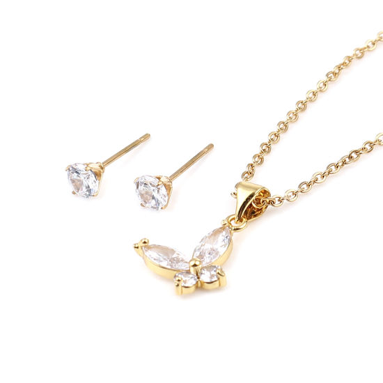 Stainless Steel & Copper Insect Jewelry Necklace Earrings Set Gold Plated Round Butterfly Clear Cubic Zirconia 44cm(17 3/8") long, 0.5cm Dia., Post/ Wire Size: (21 gauge), 1 Set の画像