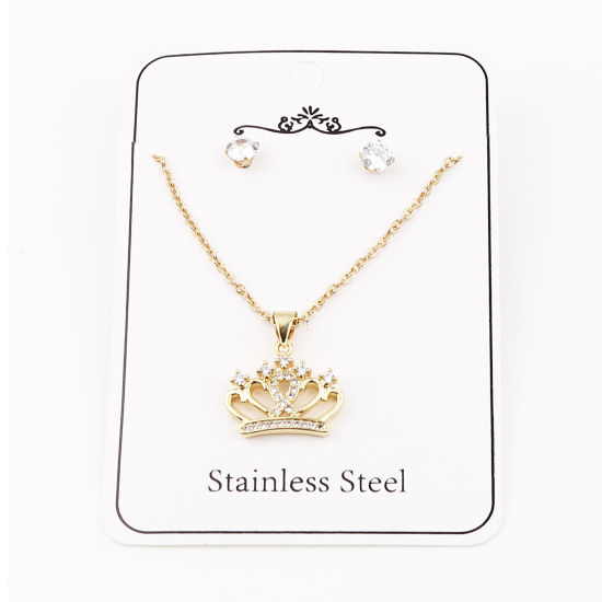 Image de Stainless Steel & Copper Jewelry Necklace Earrings Set Gold Plated Round Crown Clear Cubic Zirconia 44cm(17 3/8") long, 0.5cm Dia., Post/ Wire Size: (21 gauge), 1 Set