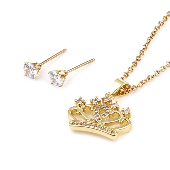 Image de Stainless Steel & Copper Jewelry Necklace Earrings Set Gold Plated Round Crown Clear Cubic Zirconia 44cm(17 3/8") long, 0.5cm Dia., Post/ Wire Size: (21 gauge), 1 Set