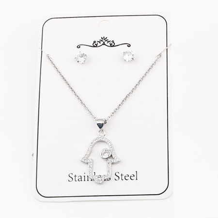 Image de Stainless Steel & Copper Religious Jewelry Necklace Earrings Set Silver Tone Round Hamsa Symbol Hand Micro Pave Clear Cubic Zirconia 44cm(17 3/8") long, 0.5cm Dia., Post/ Wire Size: (21 gauge), 1 Set