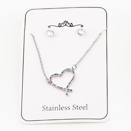 Picture of Stainless Steel & Copper Valentine's Day Jewelry Necklace Earrings Set Silver Tone Round Heart Micro Pave Multicolour Cubic Zirconia 44cm(17 3/8") long, 0.5cm Dia., Post/ Wire Size: (21 gauge), 1 Set