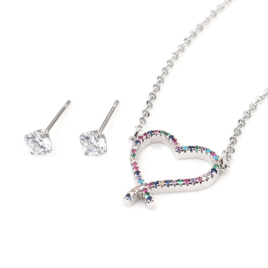 Bild von Stainless Steel & Copper Valentine's Day Jewelry Necklace Earrings Set Silver Tone Round Heart Micro Pave Multicolour Cubic Zirconia 44cm(17 3/8") long, 0.5cm Dia., Post/ Wire Size: (21 gauge), 1 Set