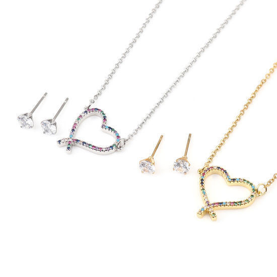 Bild von Stainless Steel & Copper Valentine's Day Jewelry Necklace Earrings Set Silver Tone Round Heart Micro Pave Multicolour Cubic Zirconia 44cm(17 3/8") long, 0.5cm Dia., Post/ Wire Size: (21 gauge), 1 Set