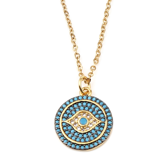 Изображение Stainless Steel & Copper Micro Pave Necklace Gold Plated Round Eye Green Blue Rhinestone 44cm(17 3/8") long, 1 Piece
