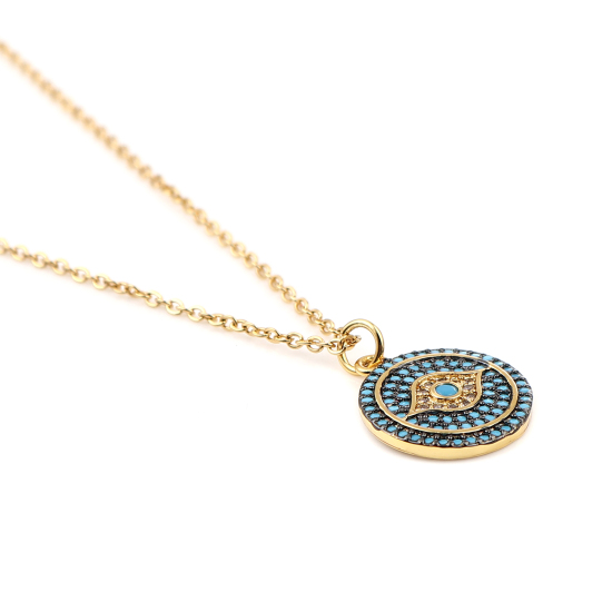 Изображение Stainless Steel & Copper Micro Pave Necklace Gold Plated Round Eye Green Blue Rhinestone 44cm(17 3/8") long, 1 Piece