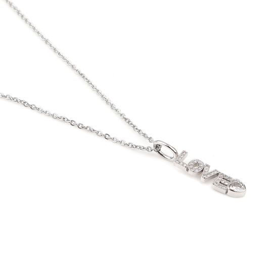 Image de Stainless Steel & Copper Valentine's Day Necklace Silver Tone " Love " Clear Cubic Zirconia 44cm(17 3/8") long, 1 Piece