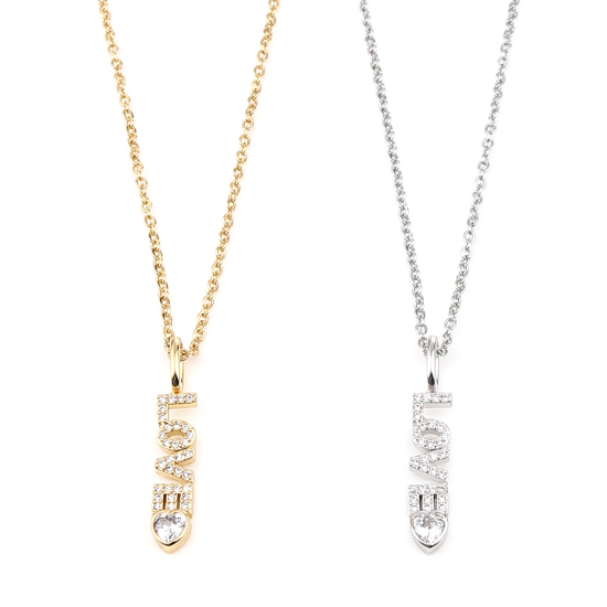 Image de Stainless Steel & Copper Valentine's Day Necklace Silver Tone " Love " Clear Cubic Zirconia 44cm(17 3/8") long, 1 Piece