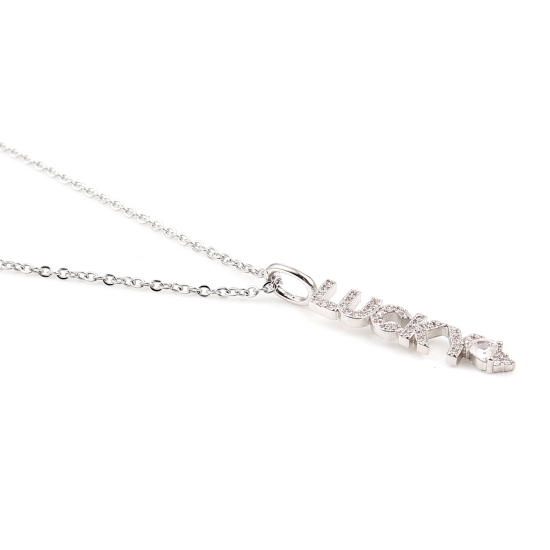 Изображение Stainless Steel & Copper Necklace Silver Tone Message " Lucky " Clear Cubic Zirconia 44cm(17 3/8") long, 1 Piece