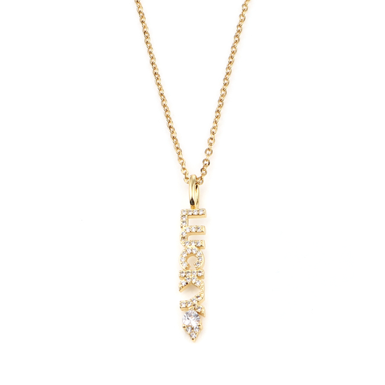 Изображение Stainless Steel & Copper Necklace Gold Plated Message " Lucky " Clear Cubic Zirconia 44cm(17 3/8") long, 1 Piece