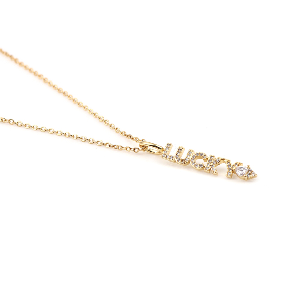 Изображение Stainless Steel & Copper Necklace Gold Plated Message " Lucky " Clear Cubic Zirconia 44cm(17 3/8") long, 1 Piece