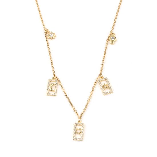 Imagen de Stainless Steel & Copper Galaxy Necklace Gold Plated Rectangle Moon Micro Pave Clear Cubic Zirconia 44cm(17 3/8") long, 1 Piece