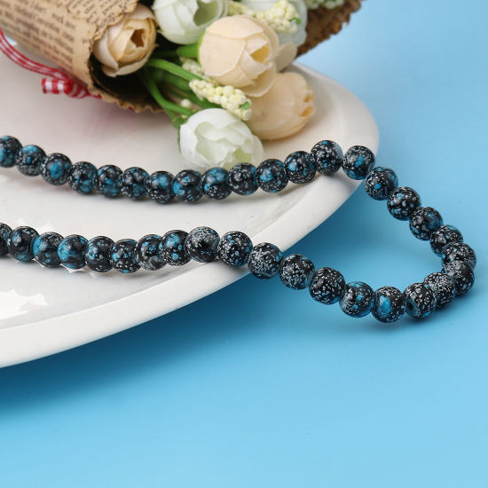 Изображение Glass Beads Round Blue & Black About 8mm Dia, Hole: Approx 1.2mm, 75cm(29 4/8") long, 2 Strands (Approx 105 PCs/Strand)