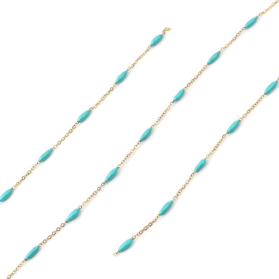Picture of Stainless Steel Link Cable Chain Marquise Gold Plated Cyan Enamel 9x2mm, 1 M