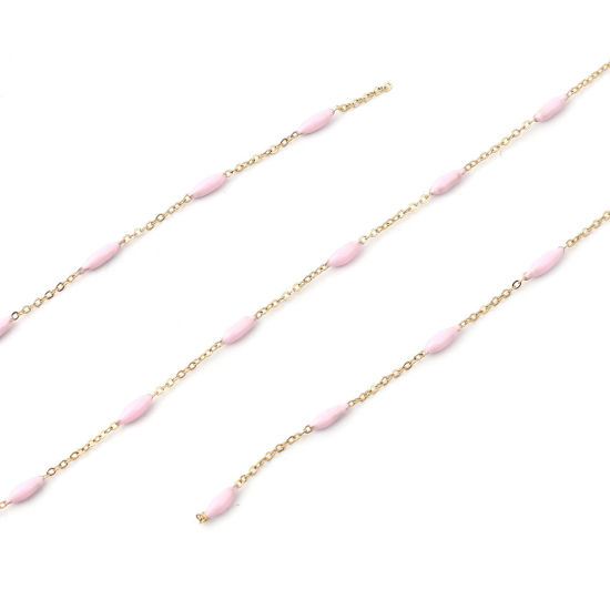 Picture of Stainless Steel Link Cable Chain Marquise Gold Plated Light Pink Enamel 9x2mm, 1 M