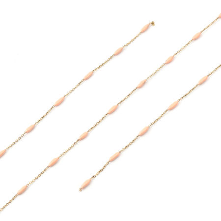 Picture of 1 M (Approx 3.28 Foot) Stainless Steel Enamel Link Cable Chain For Handmade DIY Jewelry Making Findings Marquise Gold Plated Orange Pink 9x2mm