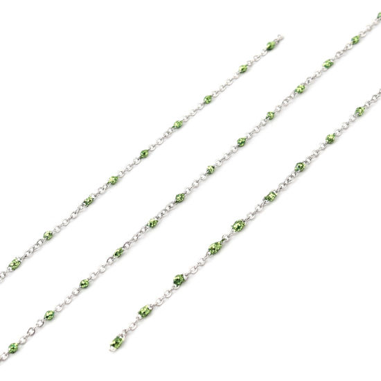 Picture of Stainless Steel Link Cable Chain Silver Tone Green Sequins Enamel 5x2mm, 1 M
