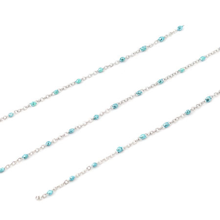 Picture of 1 M (Approx 3.28 Foot) Stainless Steel Sequins Link Cable Chain For Handmade DIY Jewelry Making Findings Silver Tone Cyan 5x2mm