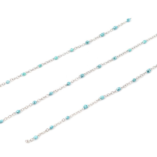 Picture of Stainless Steel Link Cable Chain Silver Tone Cyan Sequins Enamel 5x2mm, 1 M