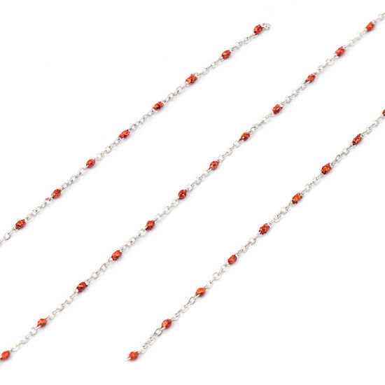 Picture of Stainless Steel Link Cable Chain Silver Tone Red Sequins Enamel 5x2mm, 1 M