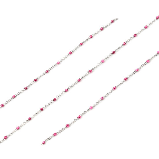 Picture of Stainless Steel Link Cable Chain Silver Tone Fuchsia Sequins Enamel 4x2mm, 1 M
