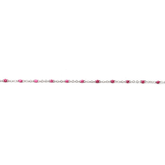 Picture of Stainless Steel Link Cable Chain Silver Tone Fuchsia Sequins Enamel 4x2mm, 1 M