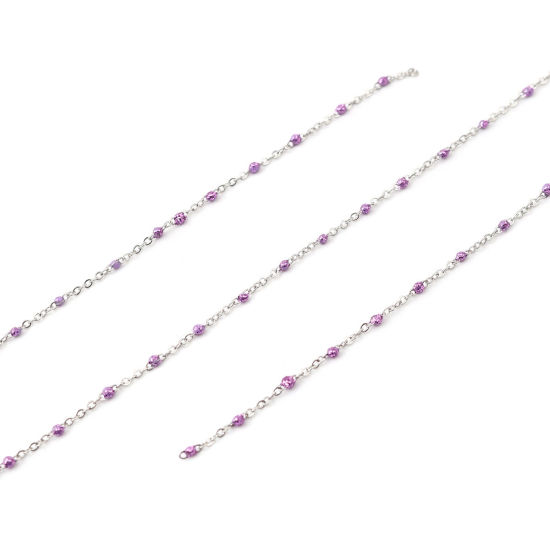 Picture of Stainless Steel Link Cable Chain Silver Tone Purple Sequins Enamel 4x2mm, 1 M