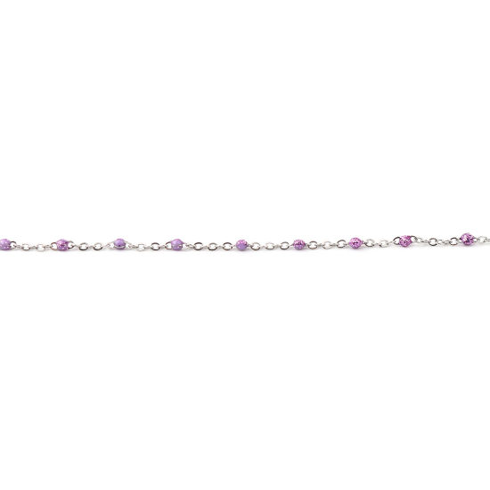 Picture of Stainless Steel Link Cable Chain Silver Tone Purple Sequins Enamel 4x2mm, 1 M