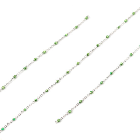 Picture of Stainless Steel Link Cable Chain Silver Tone Green Sequins Enamel 4x2mm, 1 M