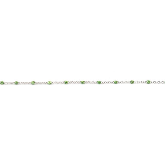 Picture of Stainless Steel Link Cable Chain Silver Tone Green Sequins Enamel 4x2mm, 1 M