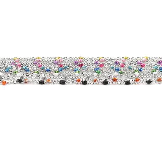 Picture of Stainless Steel Link Cable Chain Silver Tone Green Sequins Enamel 4x2mm, 1 M