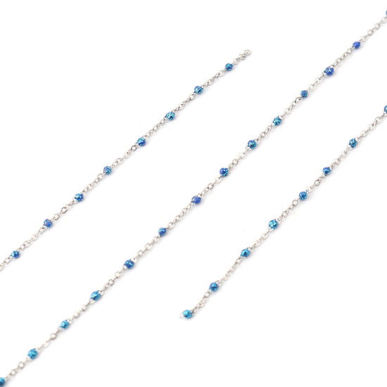 Picture of Stainless Steel Link Cable Chain Silver Tone Blue Sequins Enamel 4x2mm, 1 M