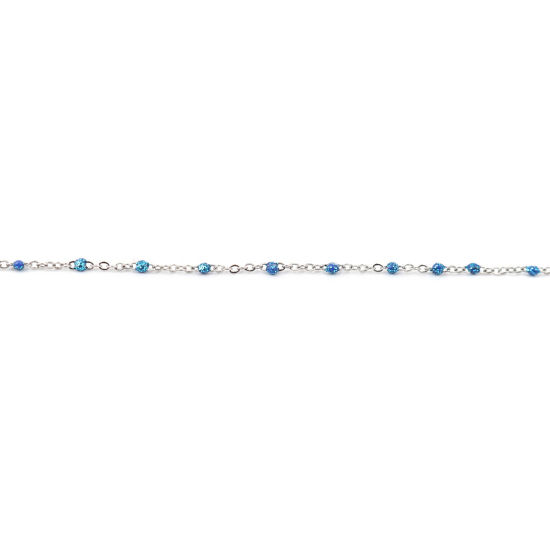 Picture of Stainless Steel Link Cable Chain Silver Tone Blue Sequins Enamel 4x2mm, 1 M