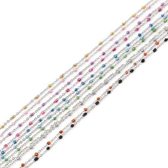 Picture of Stainless Steel Link Cable Chain Silver Tone White Sequins Enamel 4x2mm, 1 M