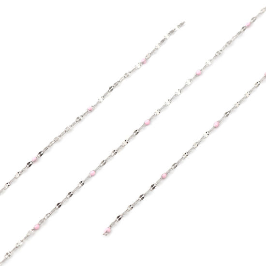 Picture of Stainless Steel Link Cable Chain Oval Silver Tone Pink Enamel 3x2mm, 1 M