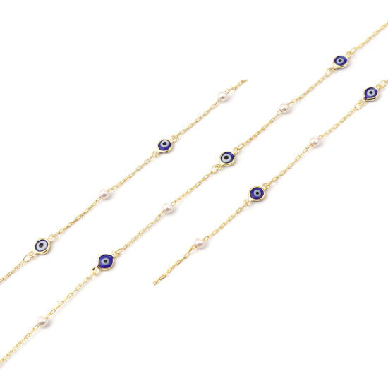 Picture of Brass & Acrylic Religious Imitation Pearl Link Cable Chain Findings Evil Eye Gold Plated White & Dark Blue 12x7mm, 1 M                                                                                                                                        