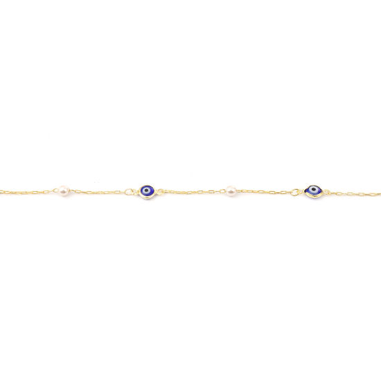 Picture of Brass & Acrylic Religious Imitation Pearl Link Cable Chain Findings Evil Eye Gold Plated White & Dark Blue 12x7mm, 1 M                                                                                                                                        