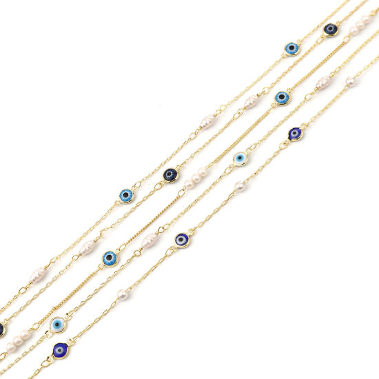 Picture of Brass & Acrylic Religious Imitation Pearl Link Cable Chain Findings Evil Eye Gold Plated White & Dark Blue 12x7mm, 1 M                                                                                                                                        