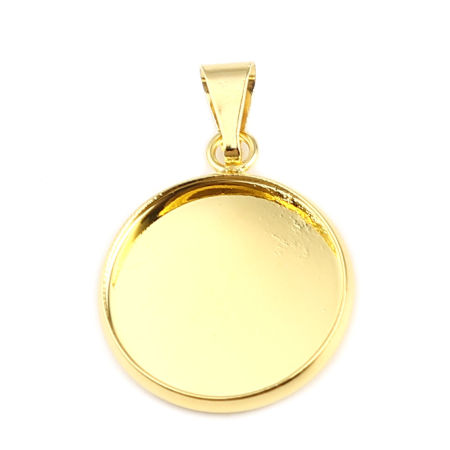 Brass Cabochon Settings Pendants Round Disc Gold Plated (Fit 18mm Dia.) 31mm x 20mm, 5 PCs