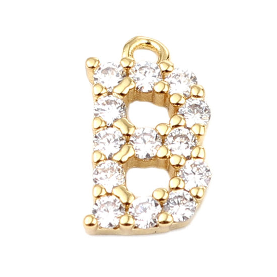 Image de Breloques en Laiton Lettre Plaqué Or Véritable Mots Gravés" B" à Strass Transparent 13mm x 7mm, 5 Pcs