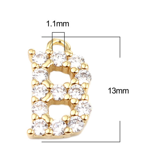 Image de Breloques en Laiton Lettre Plaqué Or Véritable Mots Gravés" B" à Strass Transparent 13mm x 7mm, 5 Pcs