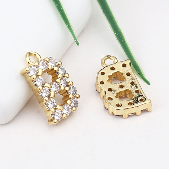 Image de Breloques en Laiton Lettre Plaqué Or Véritable Mots Gravés" B" à Strass Transparent 13mm x 7mm, 5 Pcs