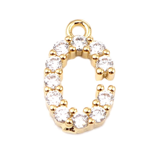Image de Breloques en Laiton Lettre Plaqué Or Véritable Mots Gravés" C" à Strass Transparent 14mm x 8mm, 5 Pcs
