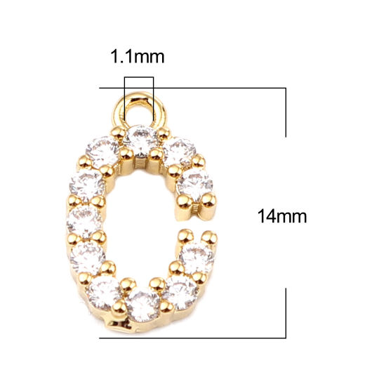 Image de Breloques en Laiton Lettre Plaqué Or Véritable Mots Gravés" C" à Strass Transparent 14mm x 8mm, 5 Pcs