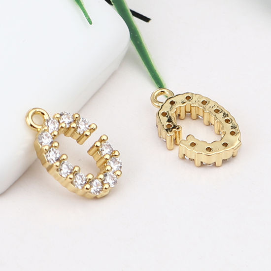 Image de Breloques en Laiton Lettre Plaqué Or Véritable Mots Gravés" C" à Strass Transparent 14mm x 8mm, 5 Pcs