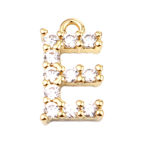 Image de Breloques en Laiton Lettre Plaqué Or Véritable Mots Gravés" E" à Strass Transparent 13mm x 7mm, 5 Pcs