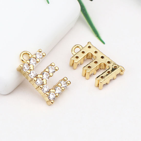Image de Breloques en Laiton Lettre Plaqué Or Véritable Mots Gravés" E" à Strass Transparent 13mm x 7mm, 5 Pcs