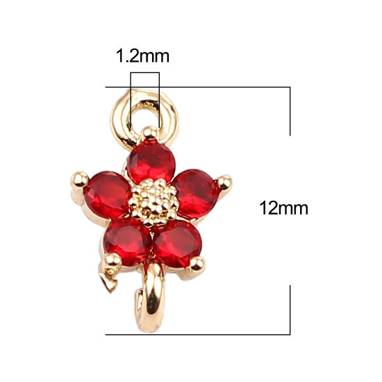 Bild von Messing Charms Blumen Vergoldet Weinrot Strass 12mm x 8mm, 5 Stück                                                                                                                                                                                            