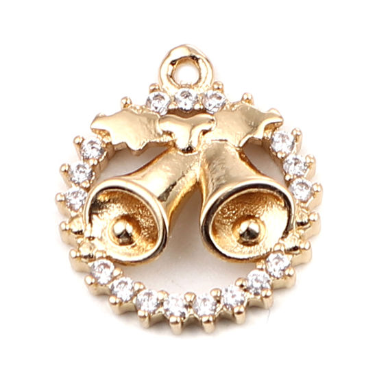 Изображение Brass Micro Pave Charms Gold Plated Circle Ring Christmas Jingle Bell Clear Rhinestone 16mm x 14mm, 5 PCs                                                                                                                                                     