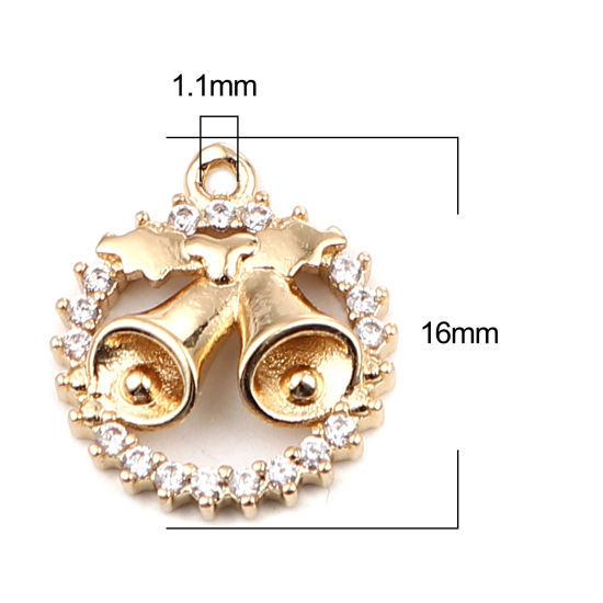 Изображение Brass Micro Pave Charms Gold Plated Circle Ring Christmas Jingle Bell Clear Rhinestone 16mm x 14mm, 5 PCs                                                                                                                                                     