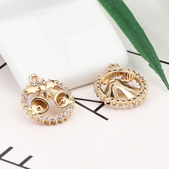 Изображение Brass Micro Pave Charms Gold Plated Circle Ring Christmas Jingle Bell Clear Rhinestone 16mm x 14mm, 5 PCs                                                                                                                                                     